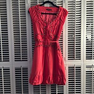 Nanette Lepore 100% Silk Coral Dress with Beading Size 4. Some beads show wear.